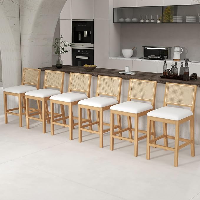 Westice Rattan Bar Stools Set of 6, 26" Farmhouse Counter Height Stools with Natural Rattan Back and Wood Frame, Upholstered Line Fabric Seat Cushion, Wooden Stools for Kitchen Island/Pub, Natural