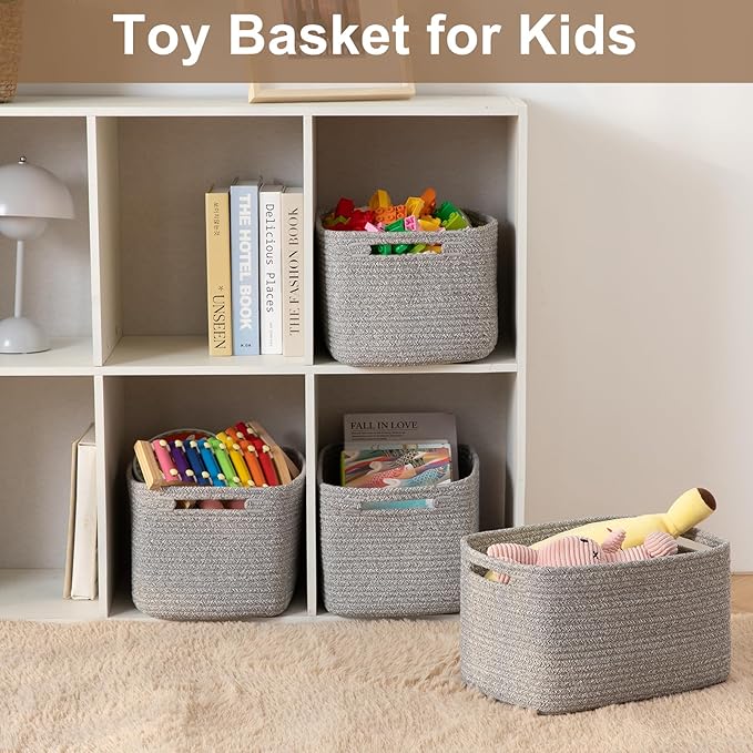 Storage Baskets for Organizing, Woven Decorative Baskets for Shelves - Books, Towels, and Clothes, Cotton Rope Toy Storage Bins, 12.7''Lx9''Wx7.8''H, Pack of 4, Grey