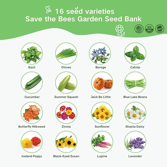 LUSH&DEW Save Bees Garden Seed Bank, Gardening Gift for Gardeners,16 Varieties NON-GMO Heirloom Pollinator-Friendly Flower Herb Seeds, Planting in Raised Beds Outdoors, Seed Kit, Milkweed Poppy Lupine