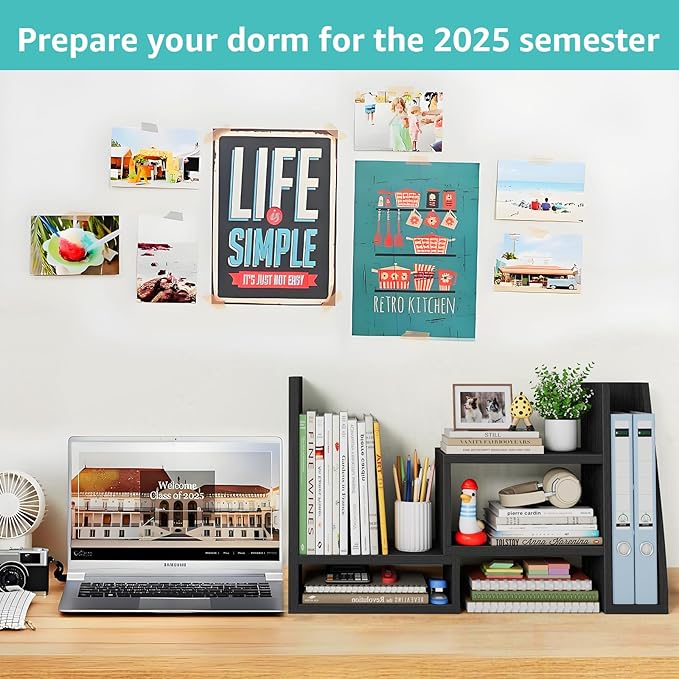 Desktop File Organizer Desk Organizer Shelf - Black Office Organization Shelves for Top of Desk Organizers and Accessories Corner Bookshelf Table Top Shelving Small Hutch Decorations for Women Office