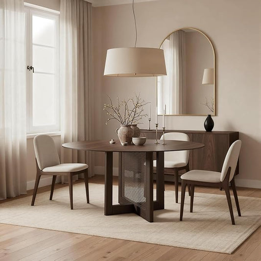 Casaphoria 46" Round Dining Table, Modern Kitchen Table for 4-6, Scratch-Resistant Top & Rattan Base, Farmhouse Dinner Table for Living Room, Kitchen, Bar, Easy Assembly, Walnut