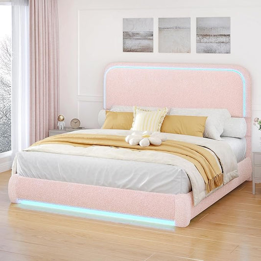 Torana Queen Marshmallow Bed Frame with Headboard and Footboard, Curved Shaped Cloud Upholstered Beds with LED Lights, Teddy Fleece Bedframe with Soft Rounded Corners and Strong Slats Support, Pink