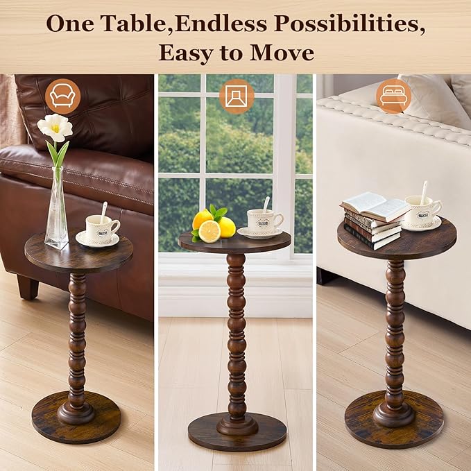 Round Side Table,Stable Small Drink Table for Small Spaces, Modern Accent Side Table with Solid Rubber Wood Table Leg,Easy Assembly for Living Room, Bedroom, Sofa & Office Corners-Rustic Brown