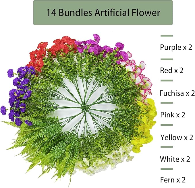 14 Bundles Artificial Silk Flowers for Indoor Outside Decoration Faux Mixed Colorful Morning Glory with Eucalyptus UV Resistant Realistic Fake Flowers for Home Planter Porch Yard Patio