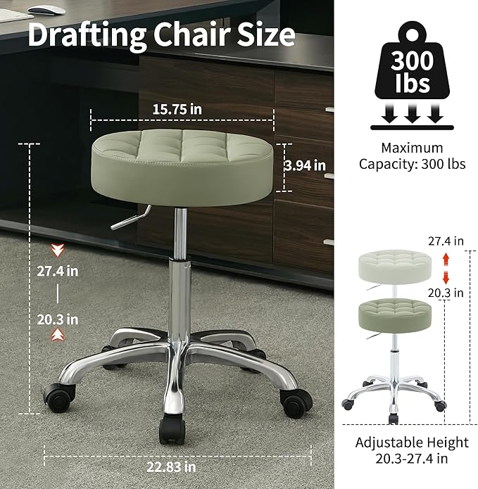 Rolling Stools with Wheels (Adjustable Height 20-27 inch) (Quiet Wheels and Aluminum Base) Multifunctional Nail Tattoo Vanity Massage Stool (Green)