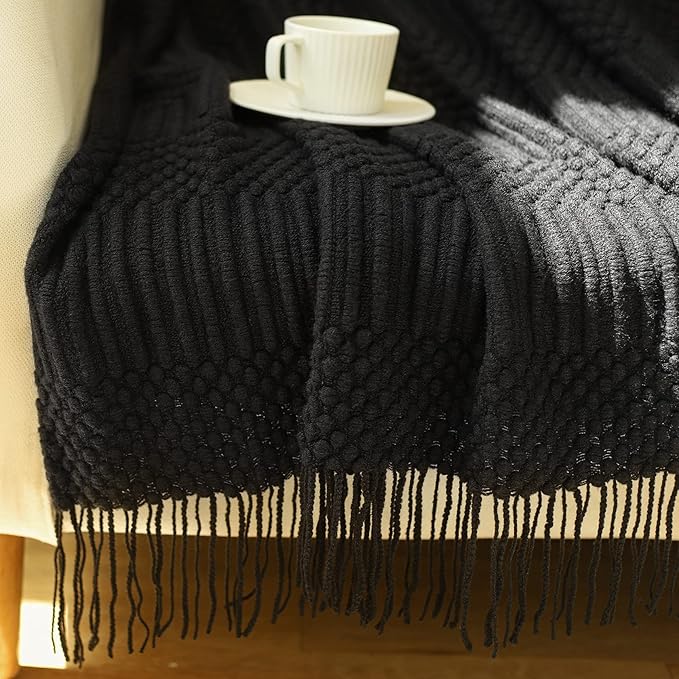 Blagic Knitted Throw Blanket for Couch, Bed and Sofa. Super Soft Blanket with Tassels, Black Throw Blanket, 50 x 60 Inches Lightweight & Cosy Home Decor