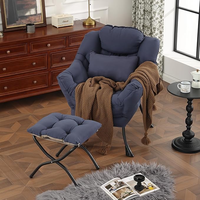 Lazy Chair with Ottoman, Modern Accent Chair with Lumbar Pillow, Comfy Chairs with Folding Footrest for Bedroom, Reading, Oversized Supportive Lounge Chairs(Navy Blue)