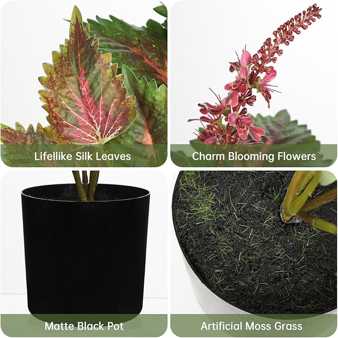 Artificial Plants Indoor with Pot 16.9" Faux Potted Perilla Plants Indoor Decorative Silk Greenery in Black Pot for Farmhouse Home Bathroom Living Room Office Table Shelf Decor