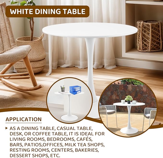 Round White Dining Table Modern Kitchen Table with Pedestal Base in Tulip Design, Mid-Century Leisure Table for 2 to 4 Person