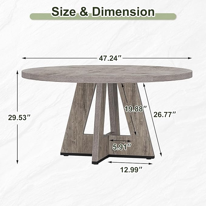 NicBex 47-Inch Round Dining Table for 4, Farmhouse Dinner Table Small Farmhouse Kitchen Tables with Wood Pedestal Base for Dining Room, Kitchen, Living Room, Gray