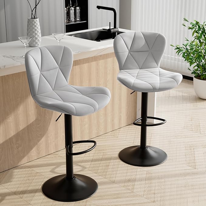 Bar Stools Set of 2,Faux Leather Bar Chairs,Upholstered Counter Height with High Backrest for Kitchen Island, Light Grey