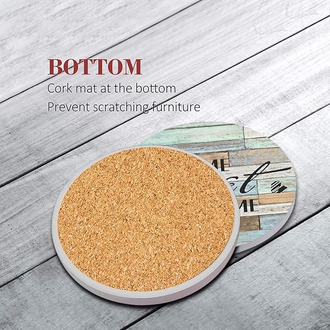 Britimes Coaster for Drinks Set of 6, Worn Wood Absorbent Round Ceramic Stone Mat, with Cork Base and Metal Holder, Gift for Housewarming Room Bar Decor