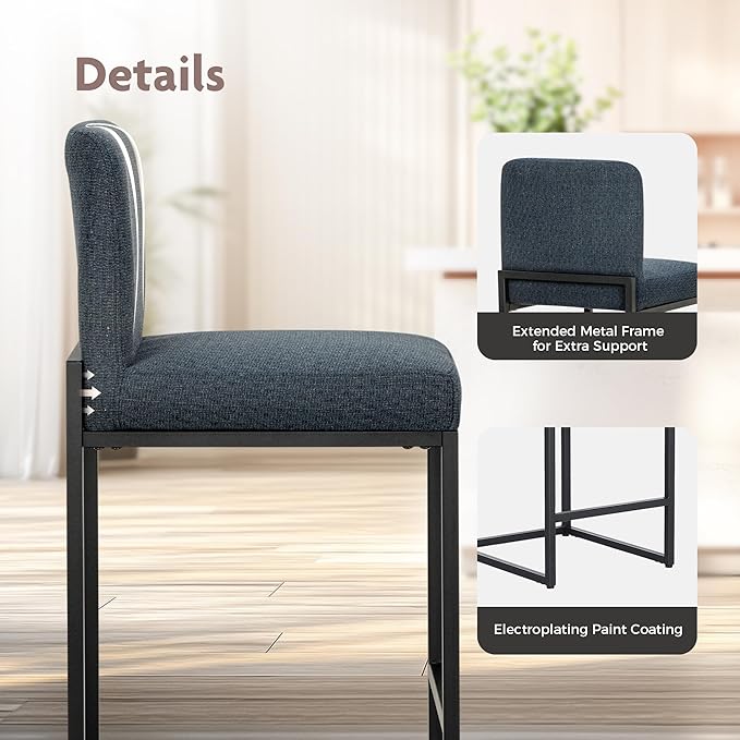 ALPHA HOME 24" Bar Stools Set of 4 Kitchen Counter Stools with Back, Counter Height Stools with Upholstered Footrest for Kitchen Island, Metal Steel Frame, Chenille, Blue