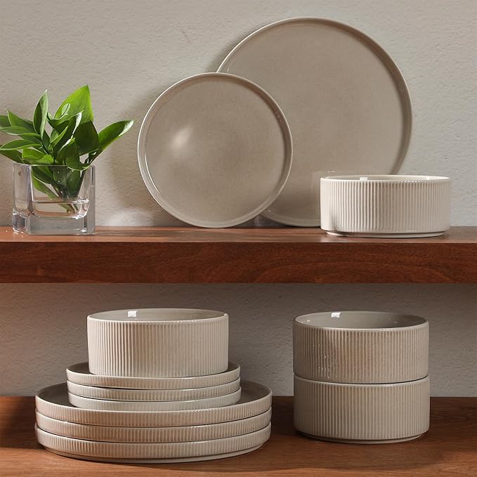 Gibson Elite Solana Coast 12 Piece Stoneware Reactive Glaze (Service for 4) Ceramic Plates and Bowls Modern Shape Embossed Dinnerware Set - Cream White