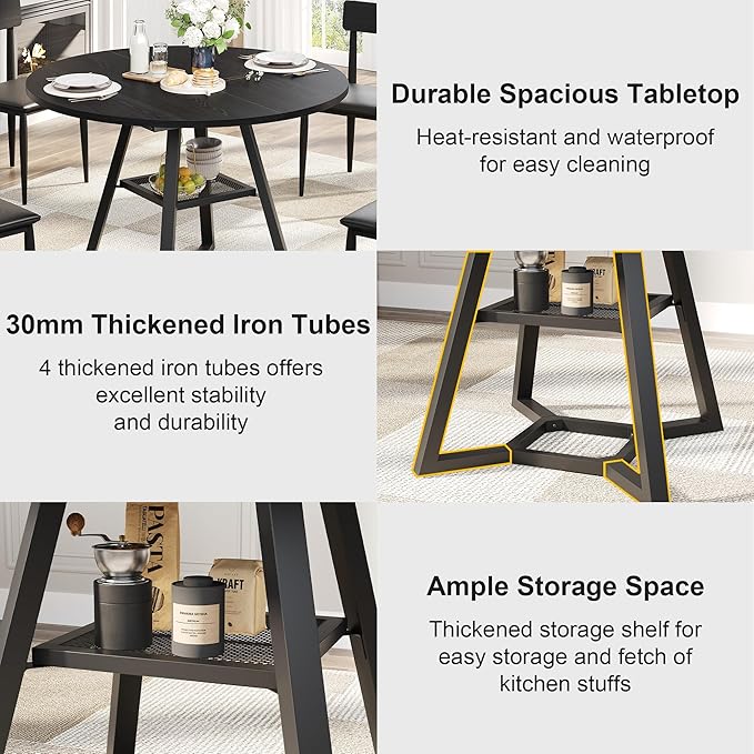 Round Dining Table for 4, Black Kitchen Tables Dining Room Circle Dinner Table with Pedestal Metal Frame, 47 Inch Space Saving Wood Industrial Kitchen & Dining Room Tables