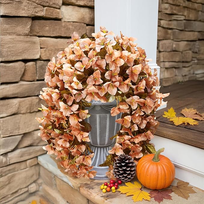Bougainvillea Artificial Fall Hanging Flowers Plants for Outdoors Autumn Decoration, 2pcs Faux Bougainvillea Vines Brown Fake Flowers Realistic UV Resistant Silk Flowers for Outside Planter Yard Home