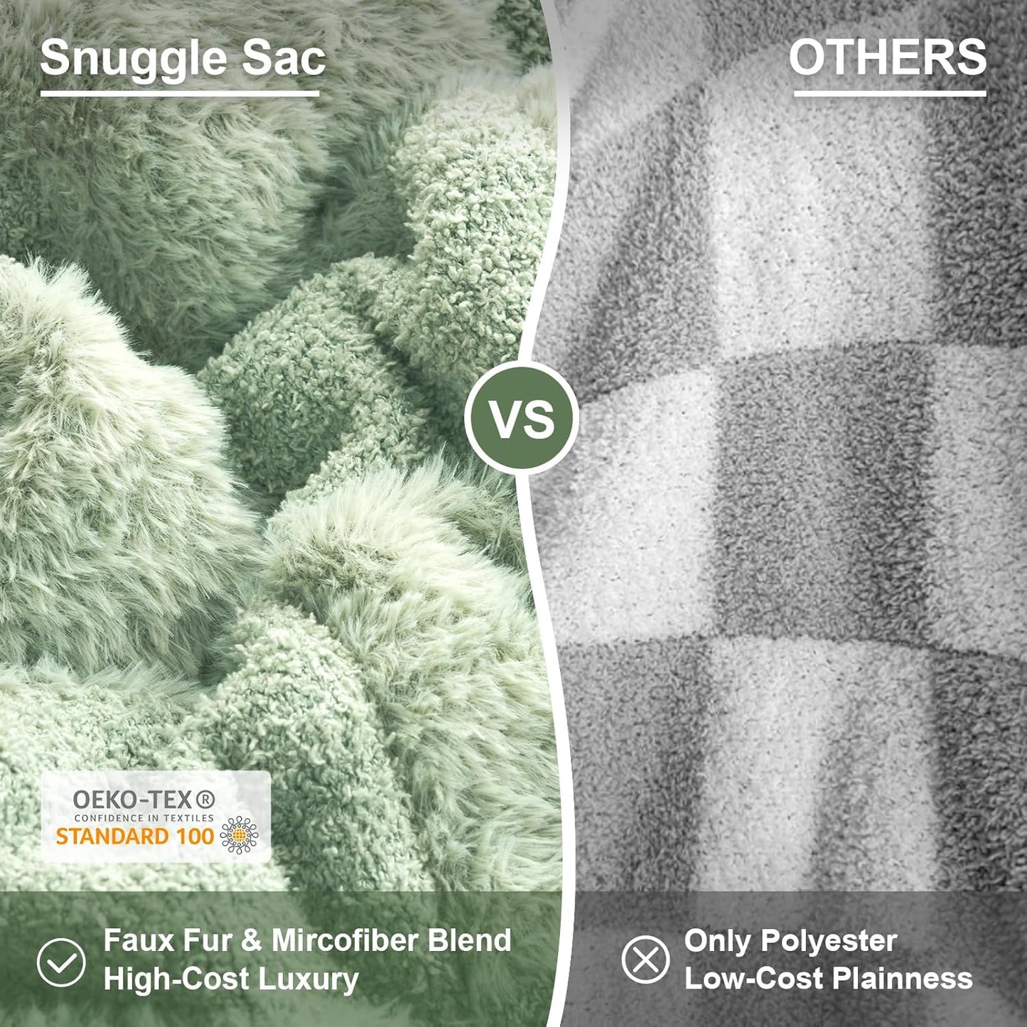 Snuggle Sac Faux Fur Checkered Blanket Twin Size with Soft Knitted Microfiber,Cozy Soft Warm Blanket for Sofa Bedroom Living Room,Solid Sage Green,60x80 inches