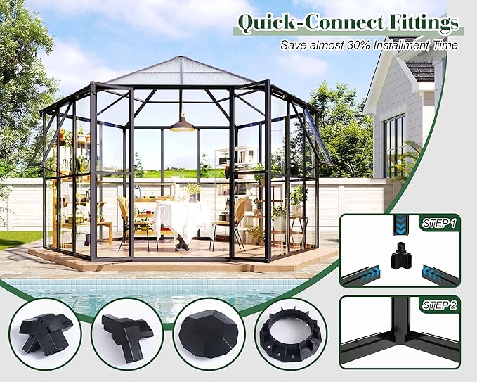 Jocisland 12x10x8 FT Hexagonal Greenhouse for Outdoors, Quick-Connectors, Aluminum Frame with 2 Vents, 2 Swing Doors, and Walk-in Design for Garden or Backyard, Black