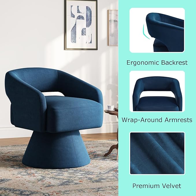 LINSY Swivel Barrel Chair, 360° Modern Swivel Accent Chair with Arms, Boucle Swivel Chair Blue Velvet Chairs for Bedroom Living Room Small Spaces