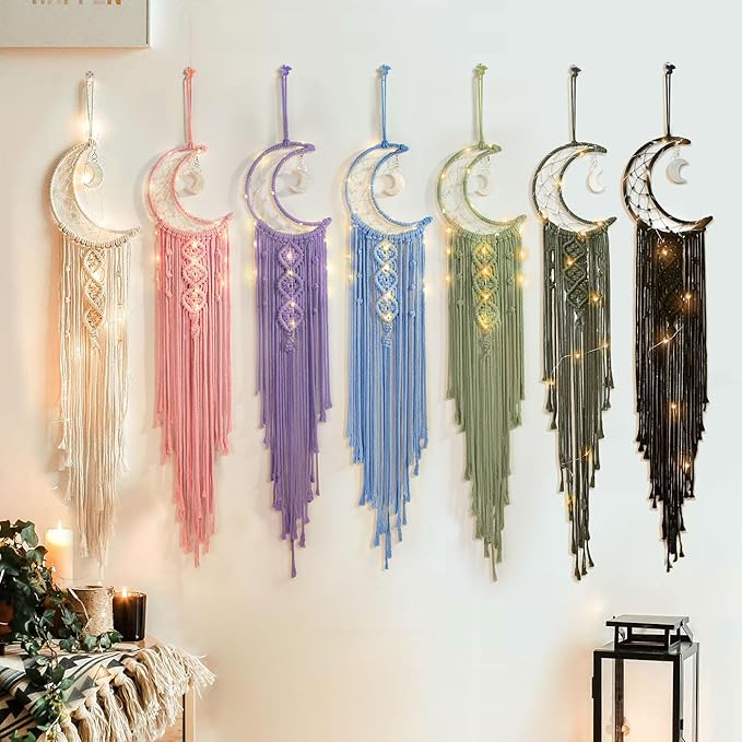Olive Macrame Moon Dream Catcher, Boho Crescent Phase Woven Wall Hanging with Light, Handmade Unique Bohemian Nursery Decor with Star Ornament Decoration for Home Bedroom, for Girl Kids