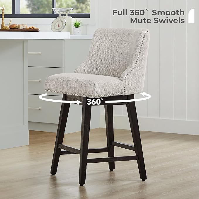 CHITA Counter Height Swivel Bar Stools, FSC Certified Upholstered Counter Stools, Modern Swivel Barstools with Wood Legs for Kitchen Island, 26" Seat Height, Fabric in Ivory