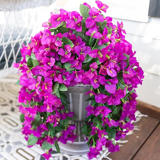 Bougainvillea Artificial Hanging Flowers Plants for Outdoors Decoration, 2pcs Fake Flowers Silk Bougainvillea Vines Realistic UV Resistant Faux Flowers for Outdoor Planters Patio Urn, Purple