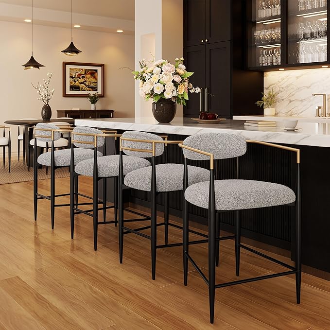 Morden Fort Counter Height Bar Stools Set of 2, Modern Upholstered Counter Stools with Gold Arms and Black Metal Legs, 26" Island Chairs for Kitchen and Home Bar