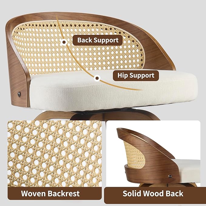 26 inch Swivel Bar Stools with Back, Set of 2 Mid-Century Modern Counter Stools, Beige Soft Textured Fabric Seat with Walnut Frame and Footrest for Kitchen Island & Dining Area