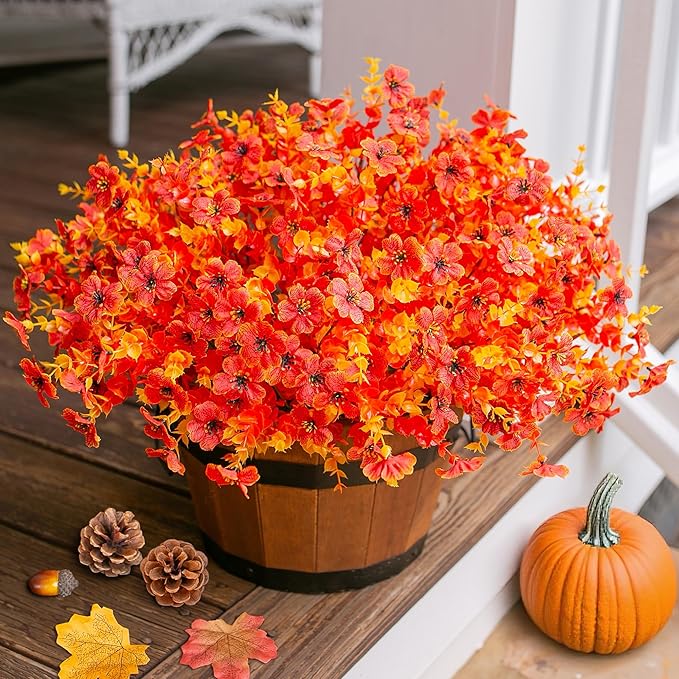 Ivydale Fall Flowers Artificial for Decoration Outdoors Fake Mums 12 Bundles Faux Planters UV Resistant Look Real for Autumn Home Porch Patio Garden Yard, Fall-Orange
