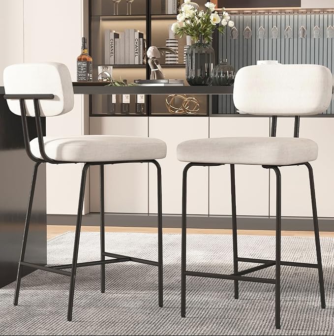 Counter Height Bar Stools Set of 4, 26" Fabric Kitchen Bar Stools with Back, Counter Barstools with Metal Legs, Bar Chairs for Kitchen Island, White