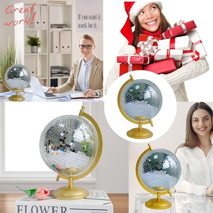 Disco Ball Globe Home Decor Statues Classic Tabletop Art Sculpture with Metal Base Discoball Unique Western Modern Decorative Aesthetic Sculptures, 8.5" x 8" x 12", Bright Gold