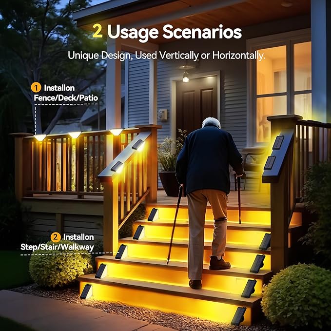 TECKNET Solar Step Lights for Outside, 2 Modes Brightness Adjustable, 24 LEDs Solar Stair Lights Outdoor, IP67 Waterproof Deck Light for Yard, Porch, Front Door, Patio, Garden