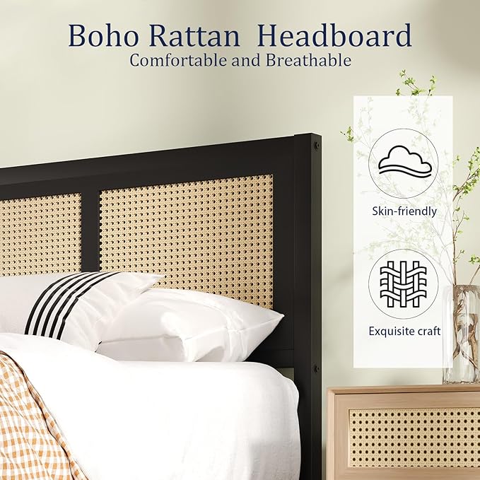Rattan Full Bed Frame, Boho Full Size Bed Frame with Headboard, Metal Platform Bed Frames Full with Strong Slats Support, No Box Spring Needed, Noise Free, Easy Assembly, Black
