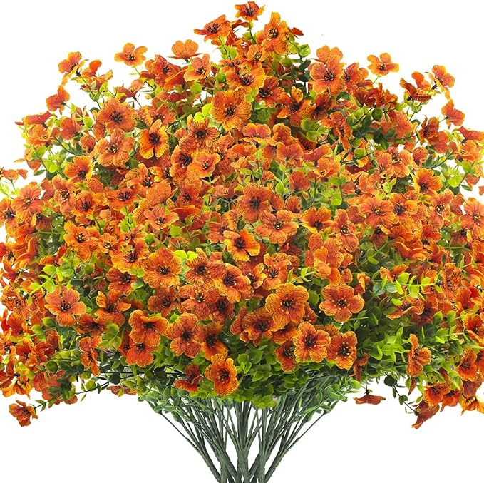 Artificial Fake Flowers for Outdoor Spring Decoration, 16 Bundles Faux Silk Colorful Daisy UV Resistant Realistic for Outside Porch Patio Home Yard Garden Planters Pots Window Box (Orange)