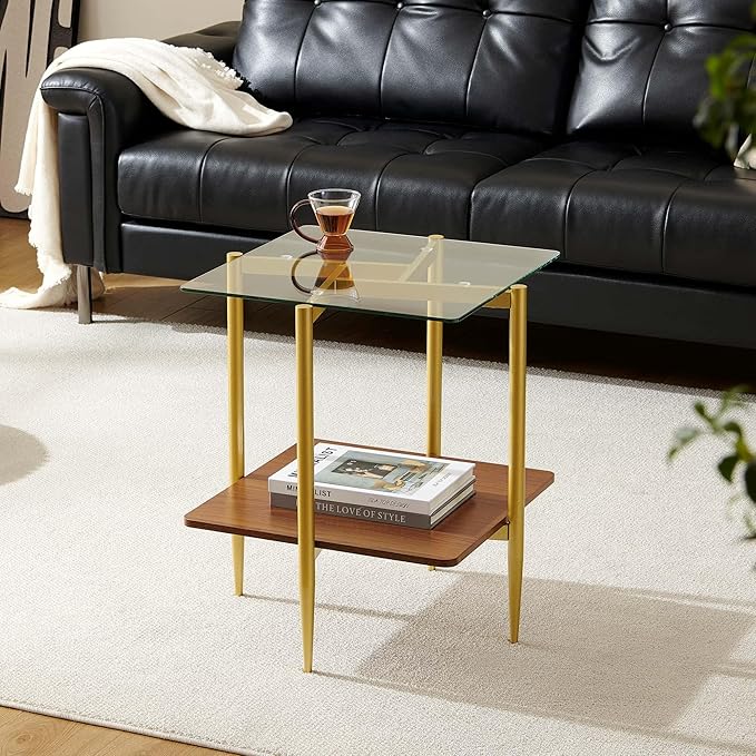 Square Glass End Table, Mid-Century Modern Sofa Table, L20*W20*H23 inch for Living Room, 2-Tier Structure, Clear Glass Top and Walnut MDF Shelf, Sleek Conical Metal Legs with Gold Finish