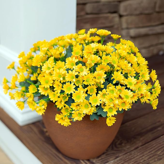 Daisy Artificial Flowers for Outdoors Fall Autumn Decoration, 6 Bundles Fake Mums Yellow Silk Flowers for Outside Look Real UV Resistant Faux Flowers Plants for Planter Front Door Home Indoor Porch