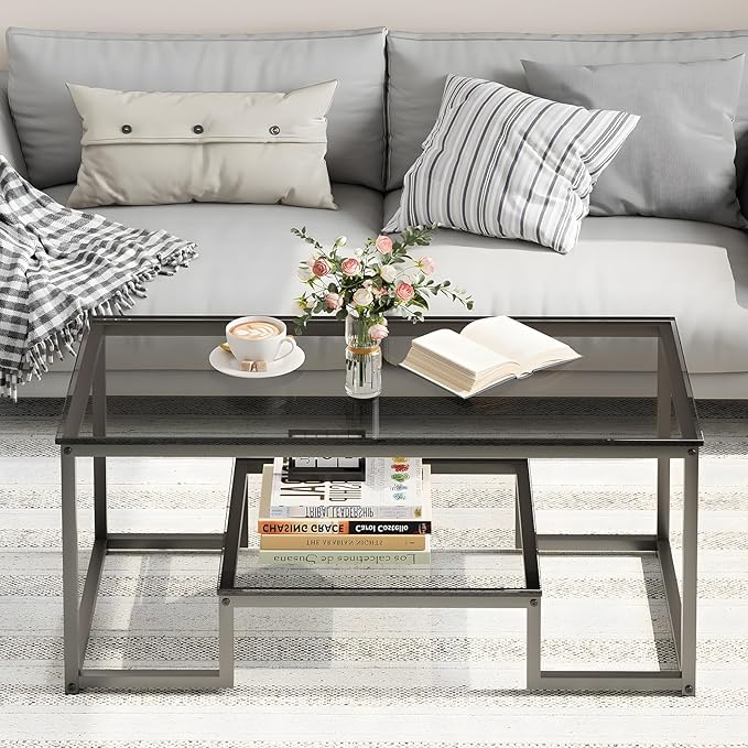 Coffee Table Grey Glass Coffee Table for Living Room,2 Tiers Rectangle Center Table with Sturdy Metal Frame,Modern Tempered Glass Accent Table for Bedroom Home Office