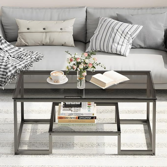 Coffee Table Grey Glass Coffee Table for Living Room,2 Tiers Rectangle Center Table with Sturdy Metal Frame,Modern Tempered Glass Accent Table for Bedroom Home Office