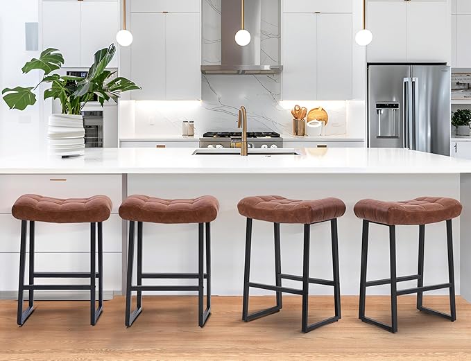 Modern Bar Stools Set of 4 for Kitchen Counter 24 inch Counter Height Backless Barstools with Upholstered Faux Leather Saddle Seat and Metal Frame Industrial Bar Chairs, Brown