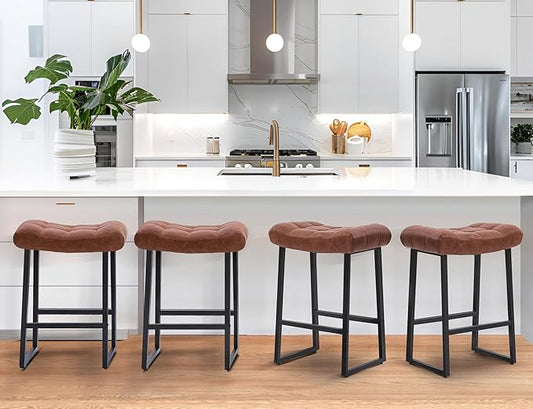 Modern Bar Stools Set of 4 for Kitchen Counter 24 inch Counter Height Backless Barstools with Upholstered Faux Leather Saddle Seat and Metal Frame Industrial Bar Chairs, Brown