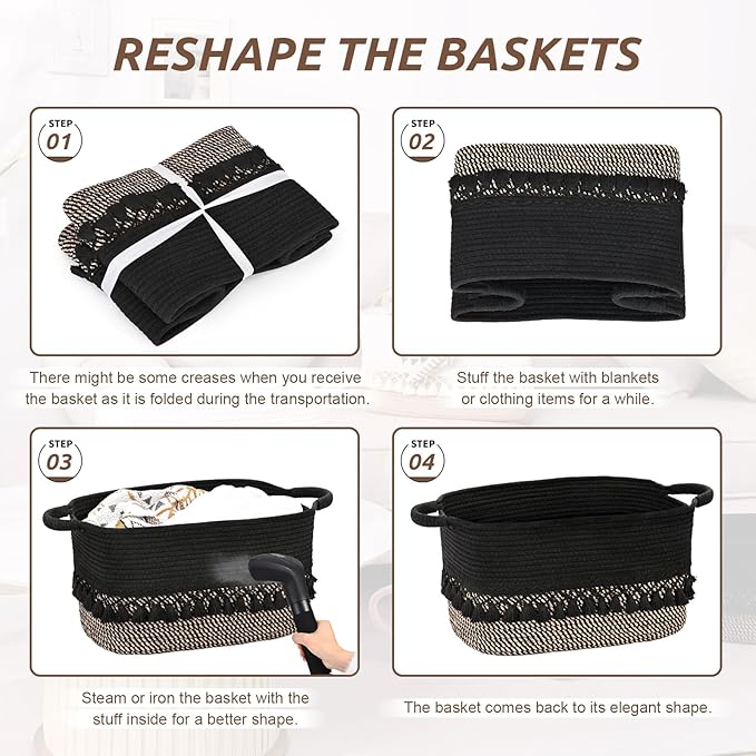 3 Pack Storage Basket for Shelves, Boho Cotton Rope Storage Bins with Heavy Tassel, Shelf Baskets Large Woven Baskets for Organizing, Cube Organizer Bins, Baby Laundry Basket for Clothes, Toys, Pets