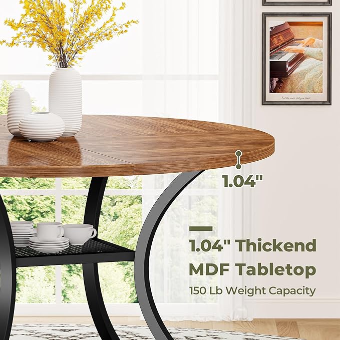 IRONCK 47.2" Round Dining Table for 4, Wood Kitchen Table with Storage Shelf for Dining Room, Dinner Table with Wooden Tabletop and Metal Base, Cherry