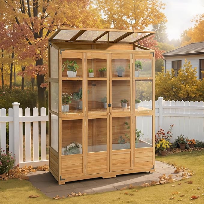 MCombo Wooden Greenhouse, Walk-in Outdoor Greenhouse with Openable Roof and Lockable Door, 0899 (Natural)
