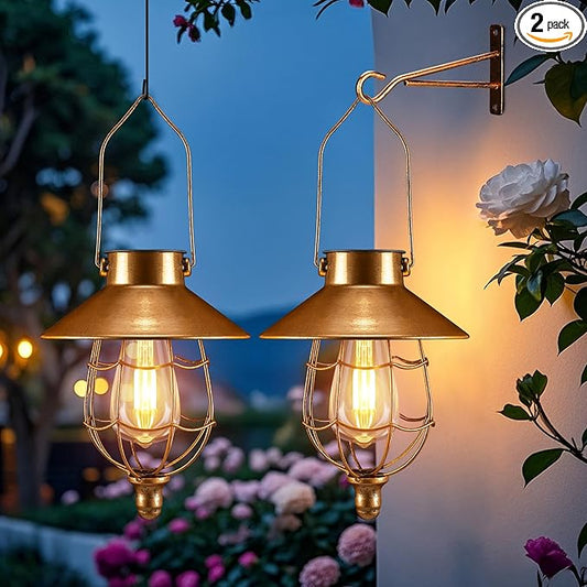 Solar Lanterns Outdoor Hanging Metal Vintage Lantern Warm White Solar Lights lamp Waterproof Edison Bulb Design for Pathway Garden Patio Yard Tree Decoration (2 Pack Copper)