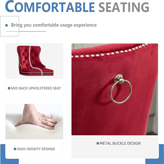 YISHENG Modern Swivel 27" H Seat Set of 6 Velvet Barstools with Backrest and Footrest,Button Tufted Rivet Trim Dining Room Chairs with Metal Pull Ring for Kitchen Island，Bistro, Home Bar，Red