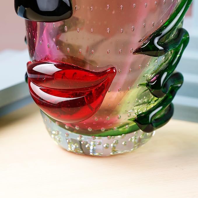 Yao Yuan Hand Blown Murano Style Art Glass Vase with face, Multicolor, 14.57in Tall
