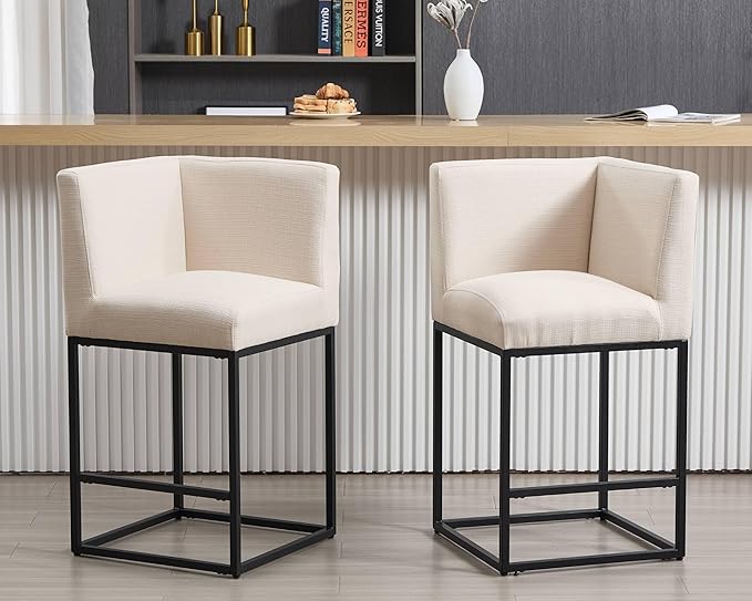 VESCASA 27" Counter Height Bar Stools with Padded Back, Modern Upholstered Counter Stool Chairs with Black Metal Frame for Kitchen Island, Linen Cream, 1 Left Side Seat and 1 Right Side Seat