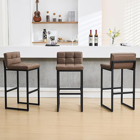 Set of 3 Bar Stools with Back, Modern Bar Height Barstools with Thickened Metal Legs, 30" Faux Leather Counter Chairs for Kitchen Island, Bar, Counter (Coffee Brown, 3Pcs 30" Bar Stools)