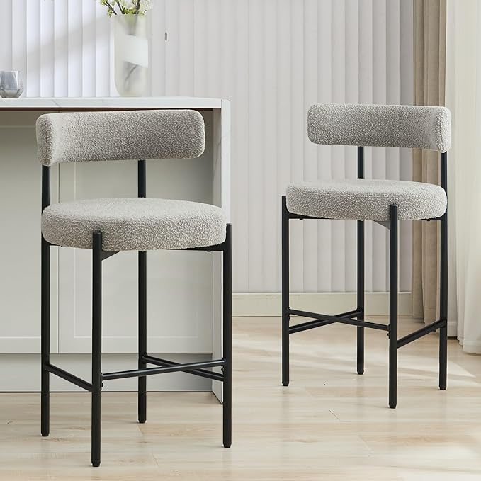 28'' Boucle Bar Stools Set of 2, Grey Bar Stools with Backs, Counter Height Bar Height Stools for Kitchen Island, Upholstered Bar Chairs