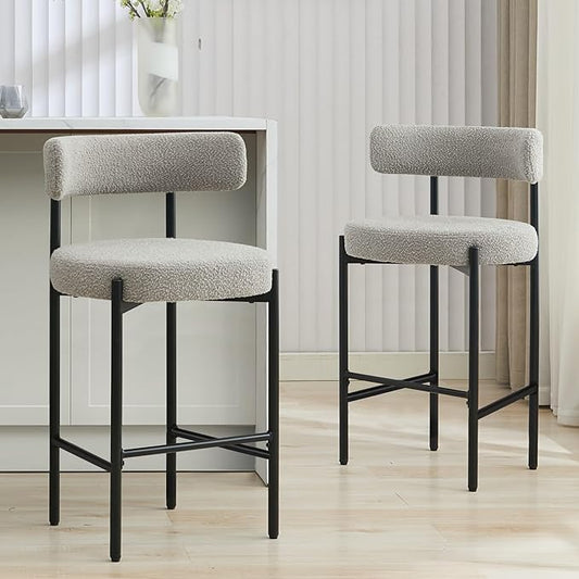 28'' Boucle Bar Stools Set of 2, Grey Bar Stools with Backs, Counter Height Bar Height Stools for Kitchen Island, Upholstered Bar Chairs